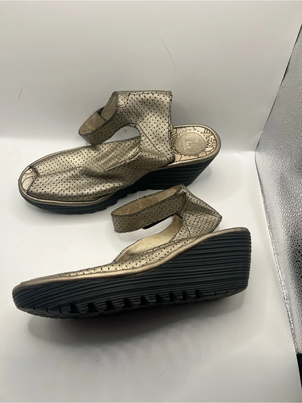 Fly London Metallic Gold Wedge Sandals